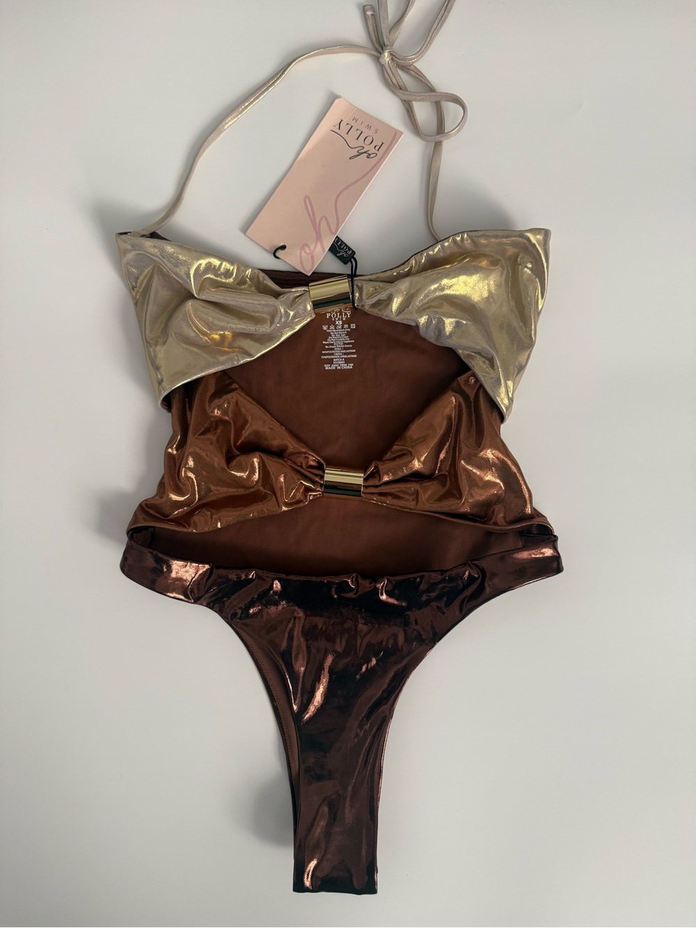 NEW Oh Polly Metallic Two Tone Bow One Piece Swimsuit Bronze & Pearl XS